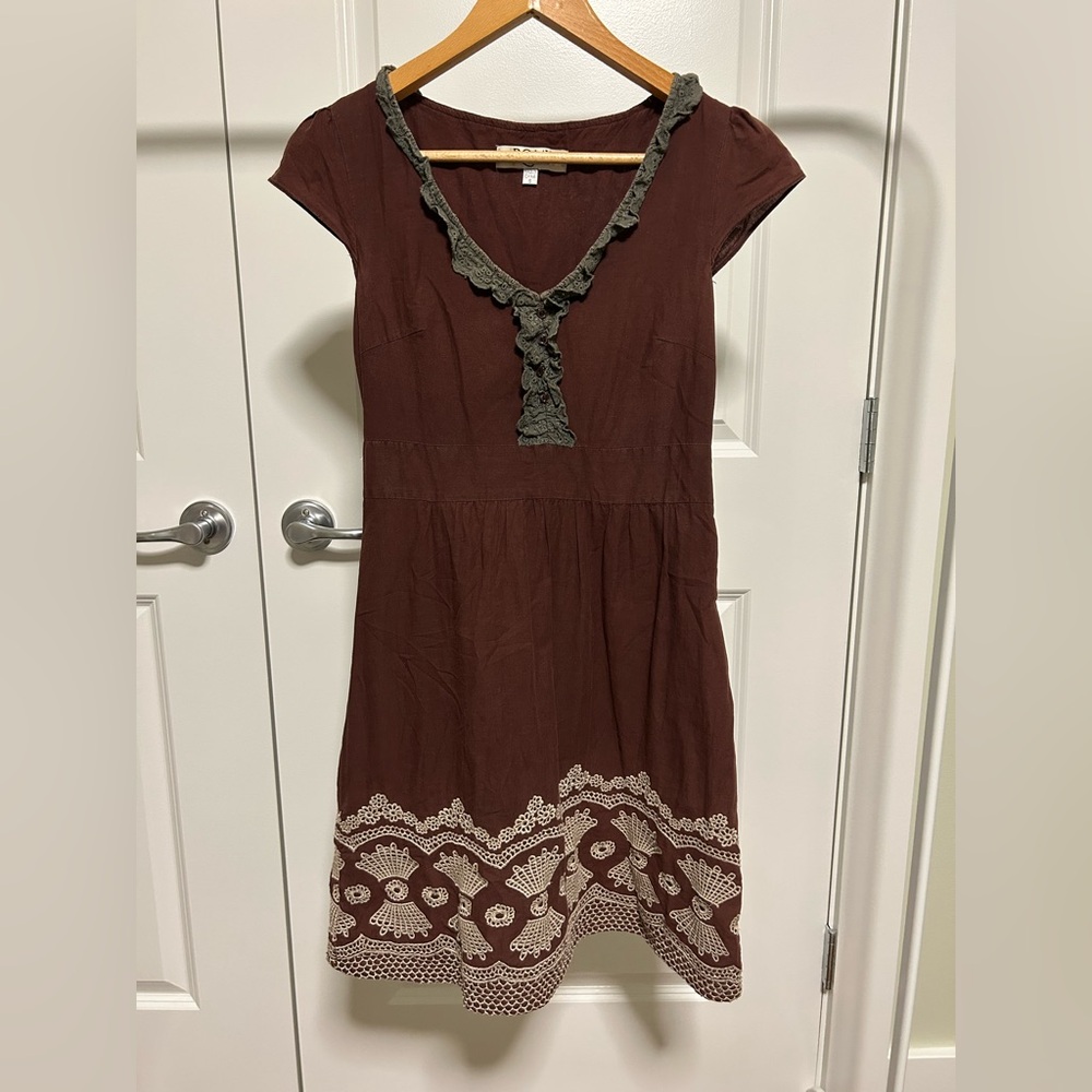 Romy Brown V-Neck Dress with Tan Lace Accents and Grey Ruffle Detail
